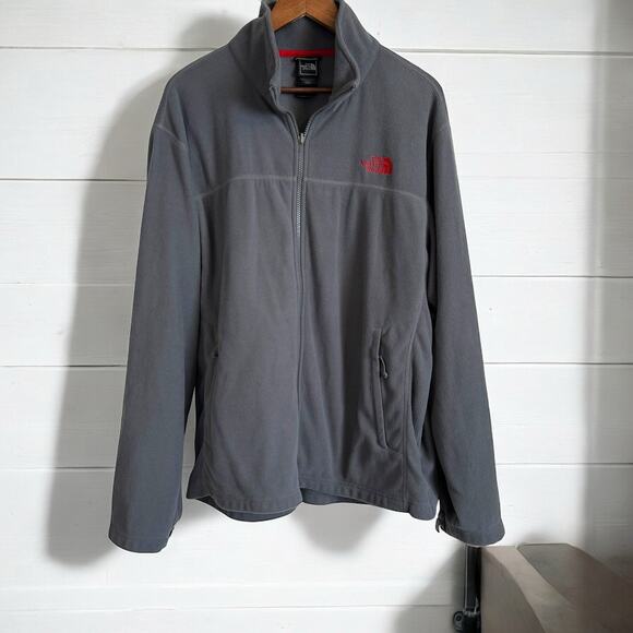 The North Face Gray Fleece Jacket Men’s XL Full Zip Red Logo - Picture 1 of 9